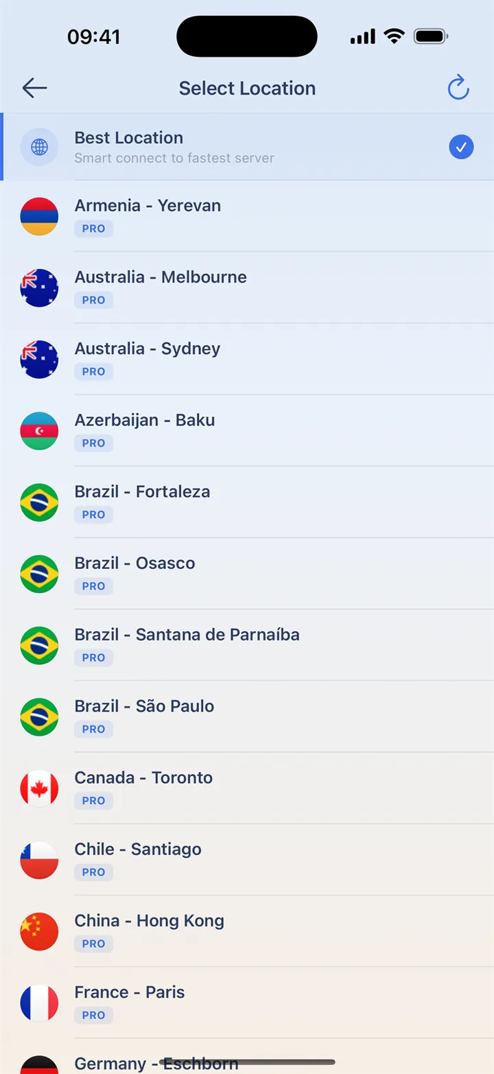 اختر موقع اتصال في HaloVPN على iOS.